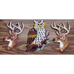 Vtg Punch Needle Embroidery Applique Patches Western Deco Owl Buck Lot of 3